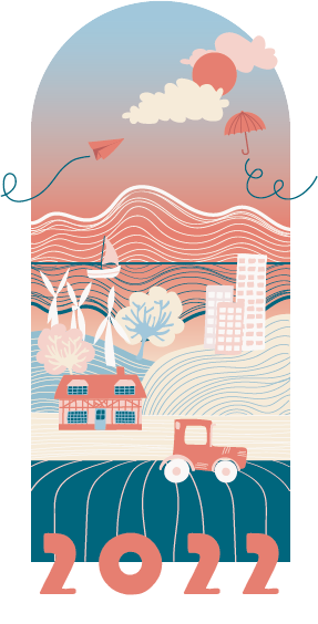 Illustration de la couverture du rapport institutionnel 2022 : une arche ouverte sur le territoire, falaises, éoliennes et tracteur