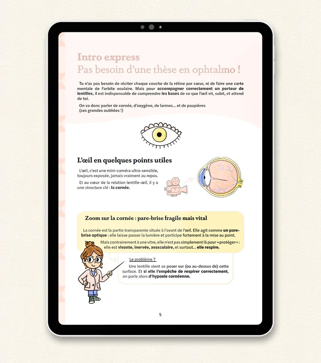 Page de l'ebook Contactologie : schéma de l'œil illustré par la mascotte