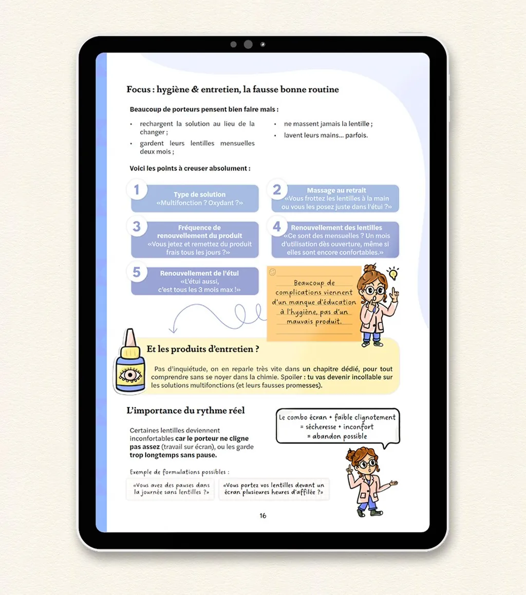 Page de l'ebook Contactologie : points clés sur l'hygiène et l'entretien