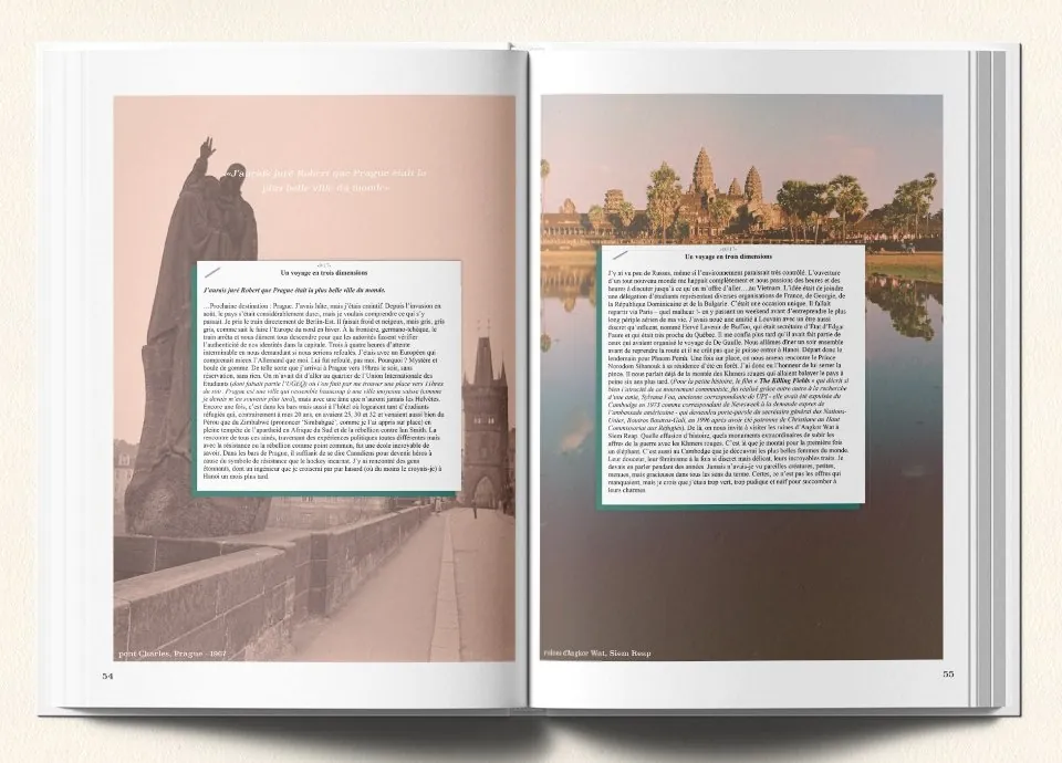 L'Ouvrage&nbsp;: double page du livre Robert Pouliot, mêlant texte et photographies