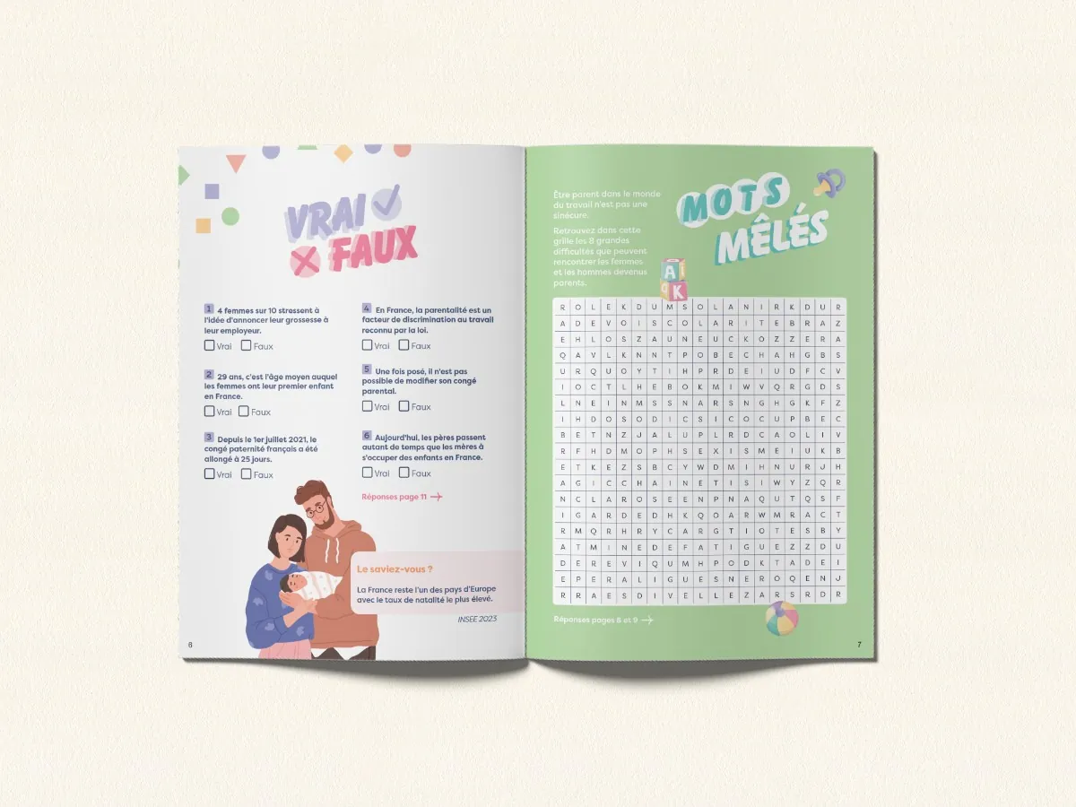 Double page du livret de jeux : vrai ou faux et mots mêlés