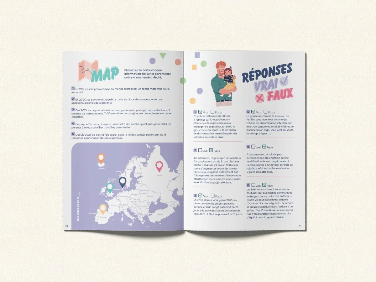 Double page du livret de jeux : le jeu de la carte d'Europe et les réponses au vrai ou faux