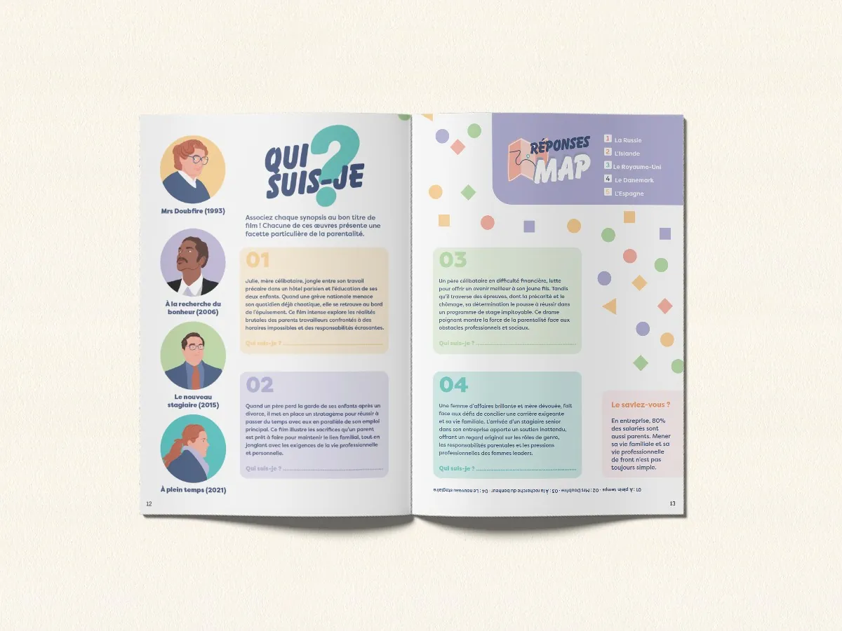 Double page du livret de jeux : «&nbsp;Qui suis-je ?&nbsp;» et les réponses du jeu de la carte