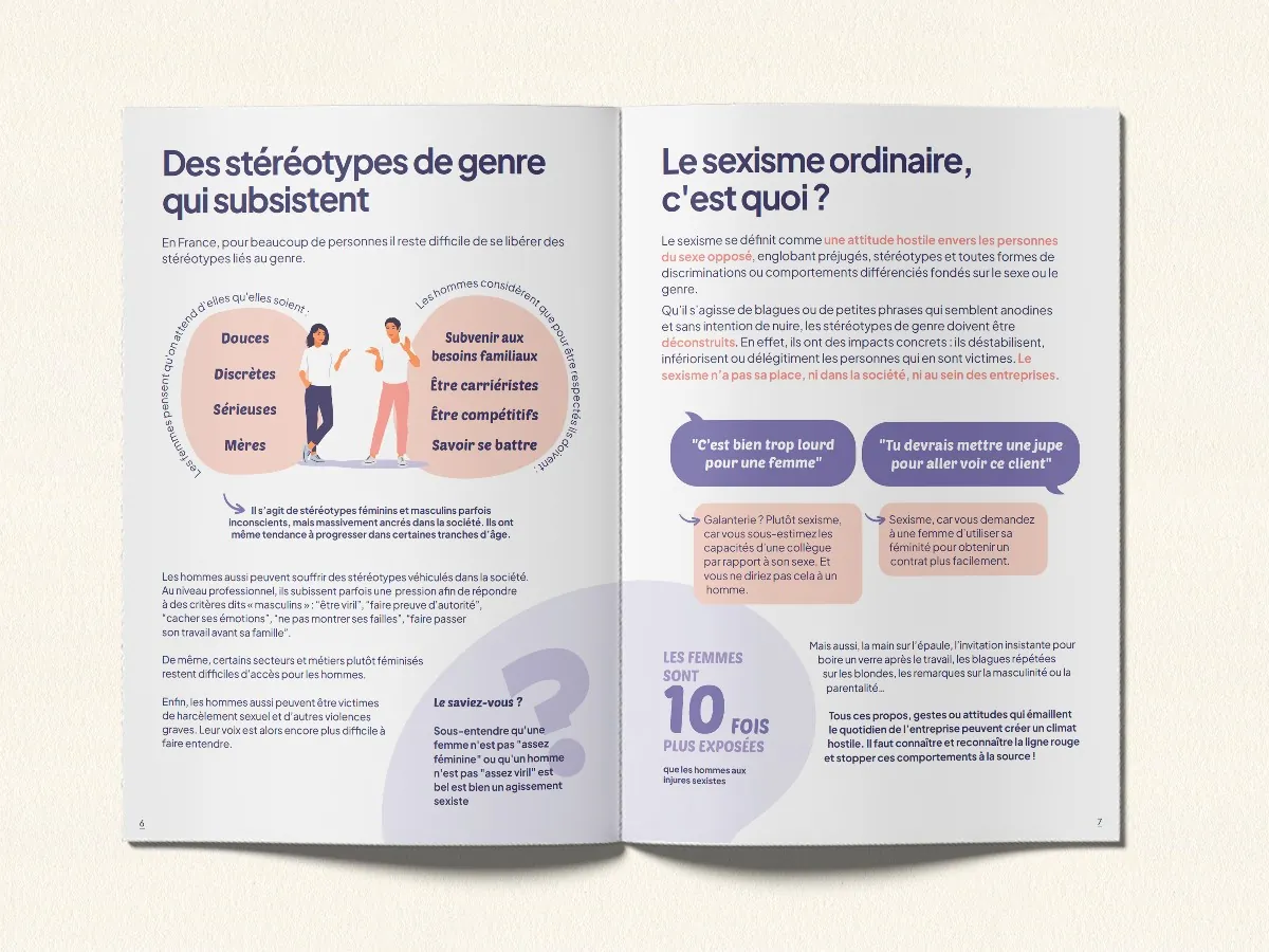 Double page du guide&nbsp;: des stéréotypes de genre qui subsistent et le sexisme ordinaire