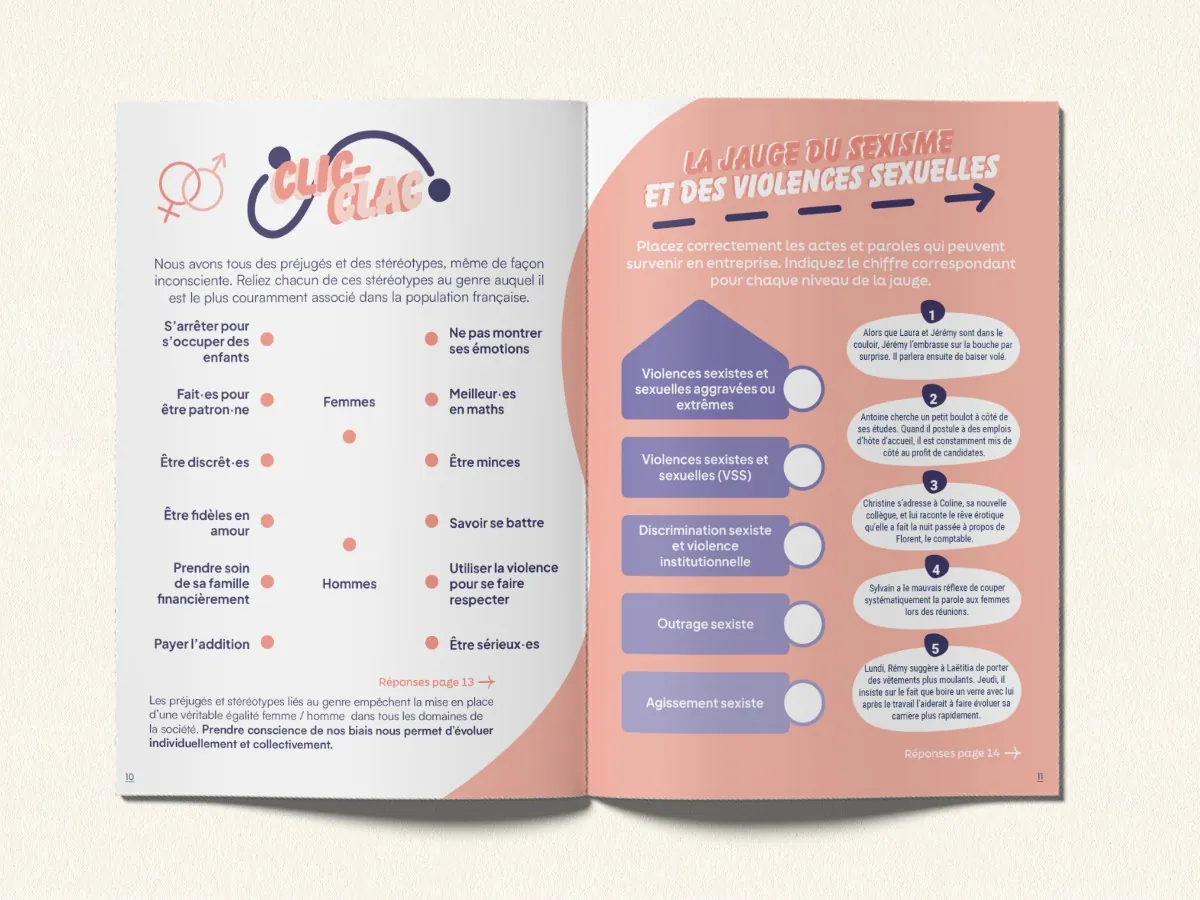Double page du livret de jeux&nbsp;: clic-clac et la jauge du sexisme