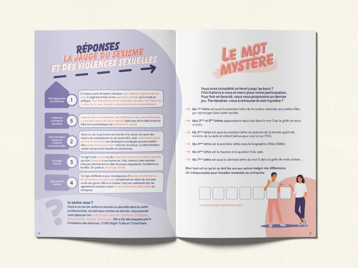 Double page du livret de jeux&nbsp;: les réponses de la jauge du sexisme et le mot mystère